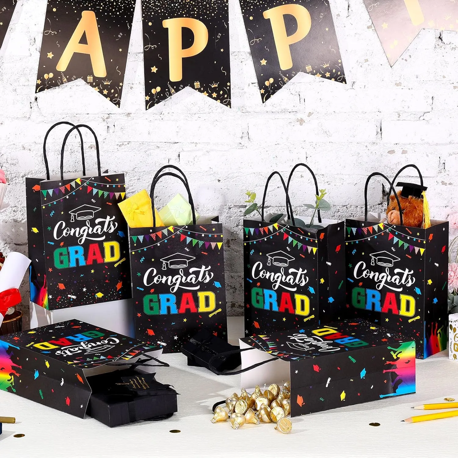 TaoBary 24 Pcs Black Rainbow 2025 Graduation Gift Bags Congrats Grad Bags Party Favors with Handles Graduation Treat Paper Gifts for Grad Party Supplies, 8 x 6 x 3 Inches