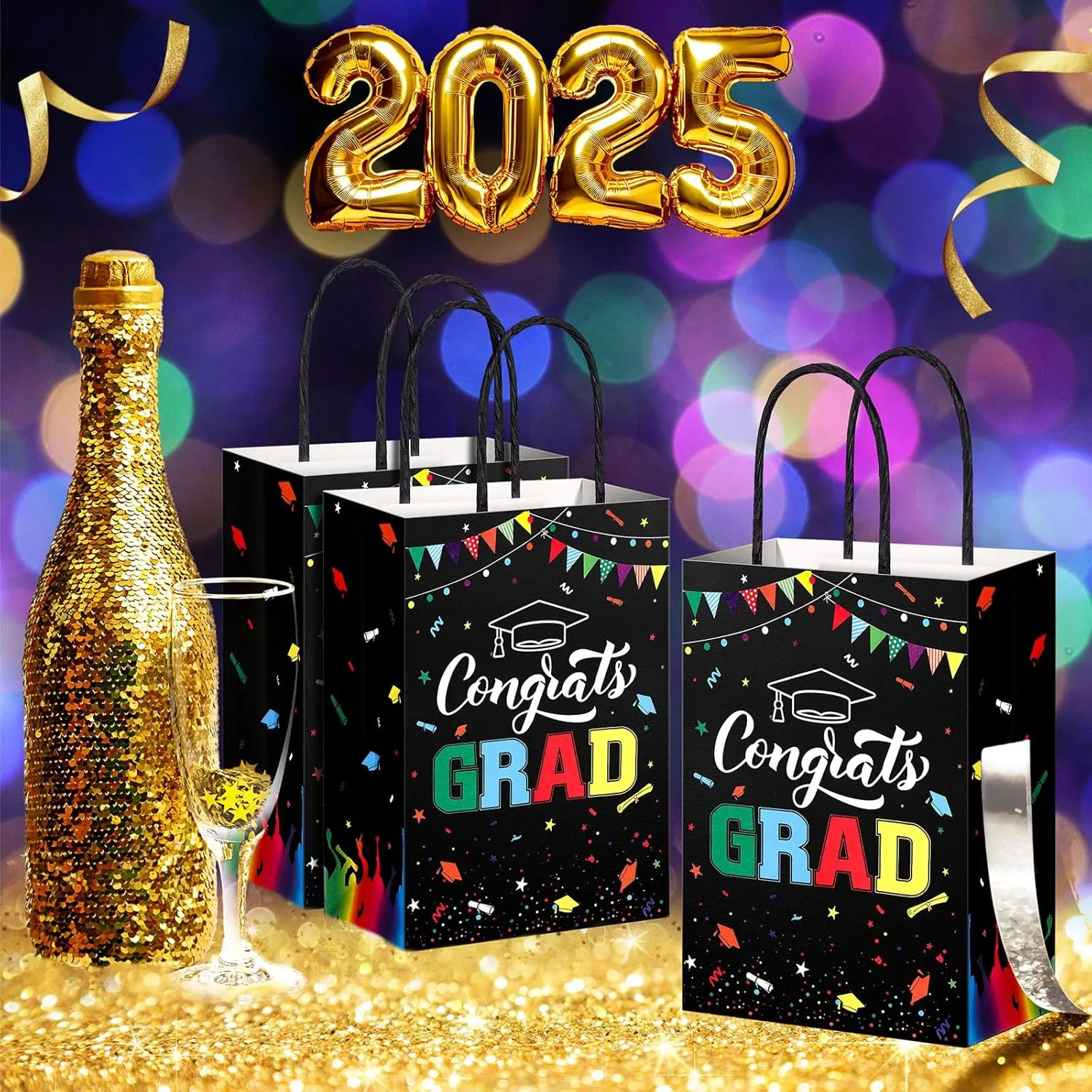 TaoBary 24 Pcs Black Rainbow 2025 Graduation Gift Bags Congrats Grad Bags Party Favors with Handles Graduation Treat Paper Gifts for Grad Party Supplies, 8 x 6 x 3 Inches