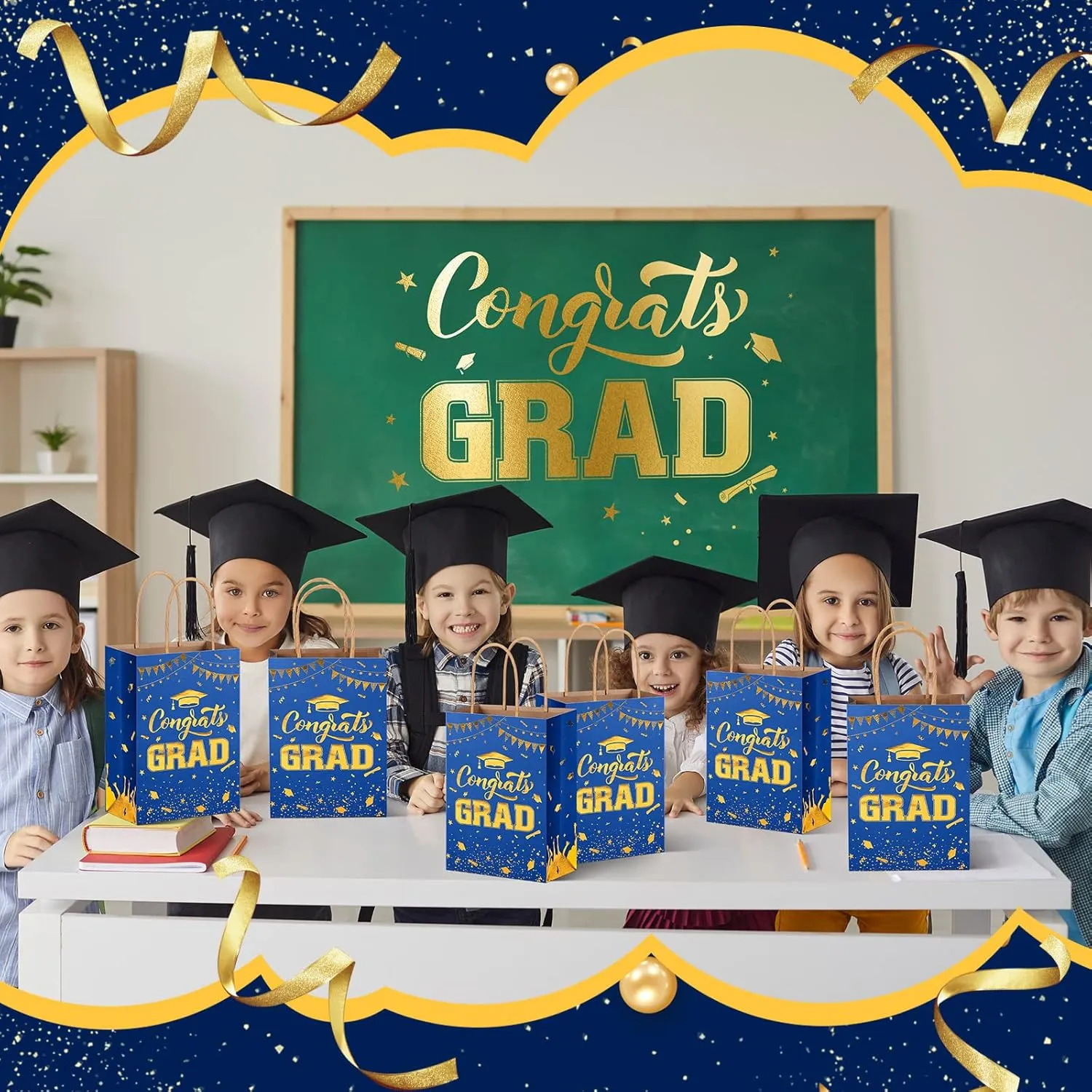TaoBary 24 Pcs Blue Gold 2025 Graduation Gift Bags Congrats Grad Bags Party Favors with Handles Graduation Treat Paper Gifts for Grad Party Supplies, 8 x 6 x 3 Inches