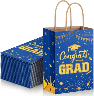 TaoBary 24 Pcs Blue Gold 2025 Graduation Gift Bags Congrats Grad Bags Party Favors with Handles Graduation Treat Paper Gifts for Grad Party Supplies, 8 x 6 x 3 Inches