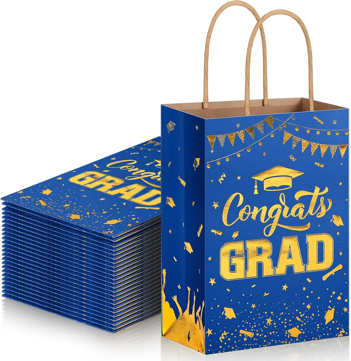 TaoBary 24 Pcs Blue Gold 2025 Graduation Gift Bags Congrats Grad Bags Party Favors with Handles Graduation Treat Paper Gifts for Grad Party Supplies, 8 x 6 x 3 Inches