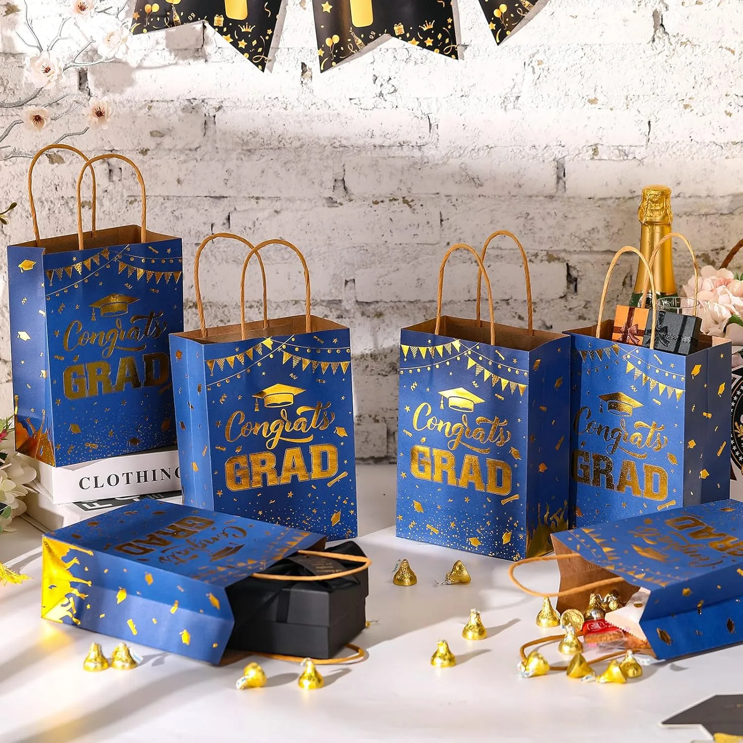 TaoBary 24 Pcs Blue Gold 2025 Graduation Gift Bags Congrats Grad Bags Party Favors with Handles Graduation Treat Paper Gifts for Grad Party Supplies, 8 x 6 x 3 Inches