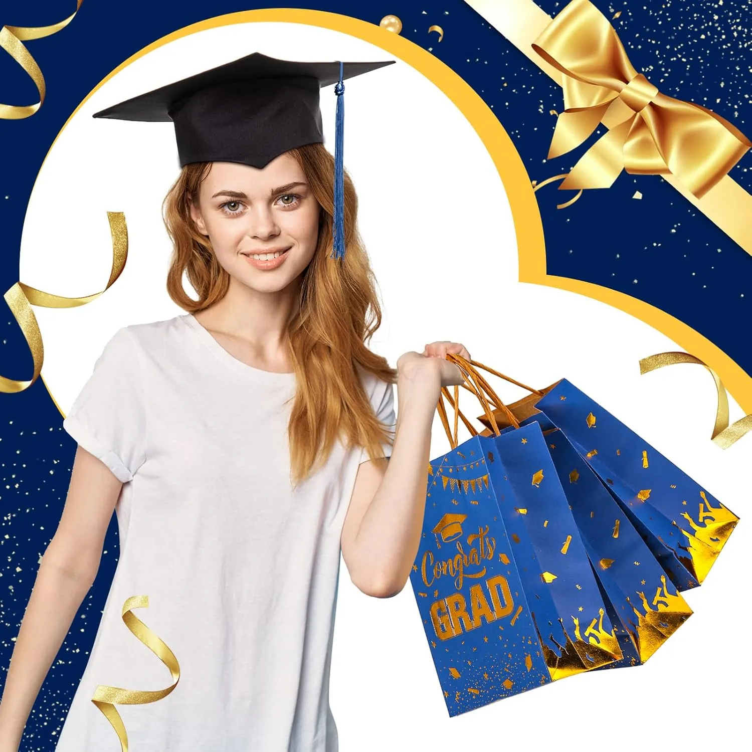TaoBary 24 Pcs Blue Gold 2025 Graduation Gift Bags Congrats Grad Bags Party Favors with Handles Graduation Treat Paper Gifts for Grad Party Supplies, 8 x 6 x 3 Inches