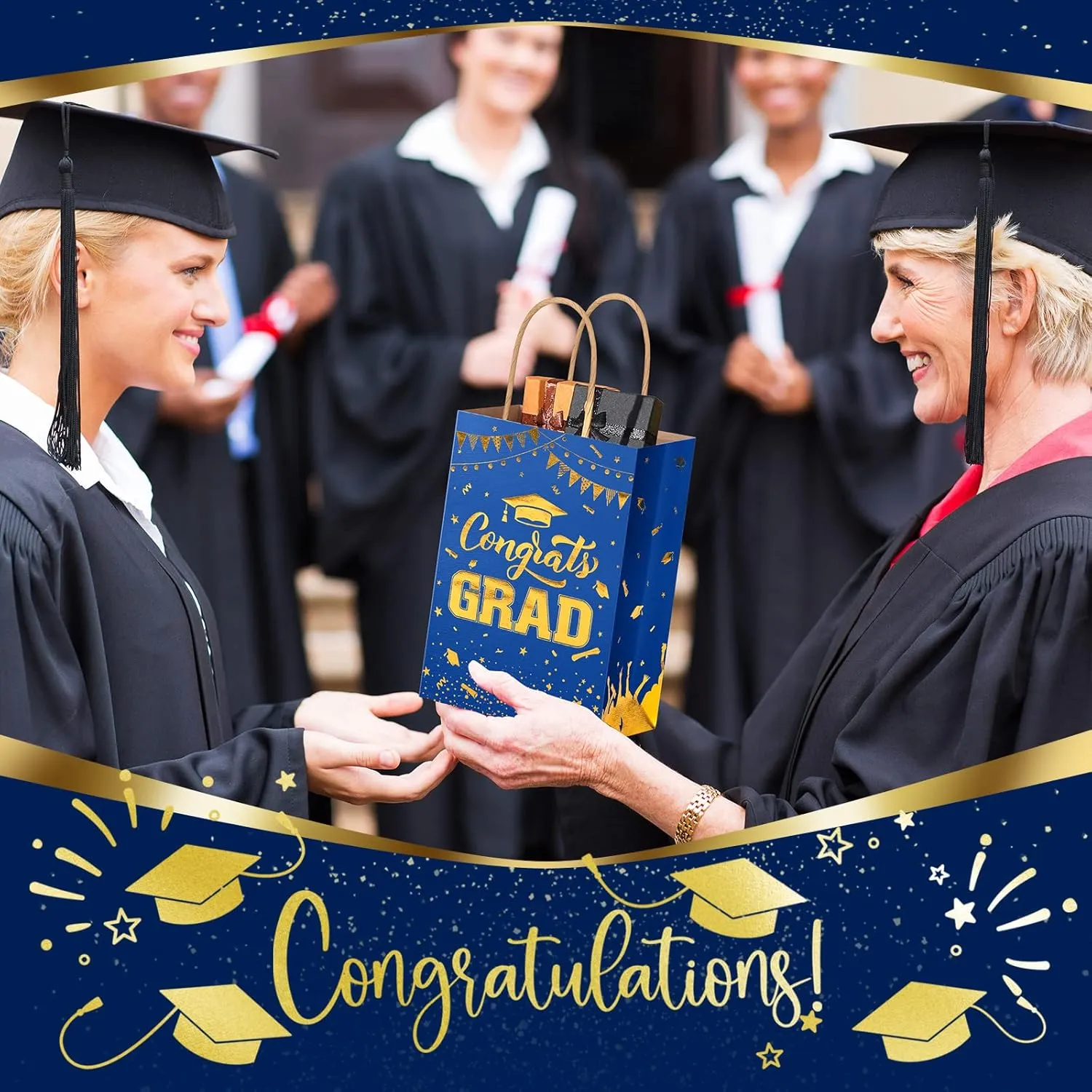 TaoBary 24 Pcs Blue Gold 2025 Graduation Gift Bags Congrats Grad Bags Party Favors with Handles Graduation Treat Paper Gifts for Grad Party Supplies, 8 x 6 x 3 Inches