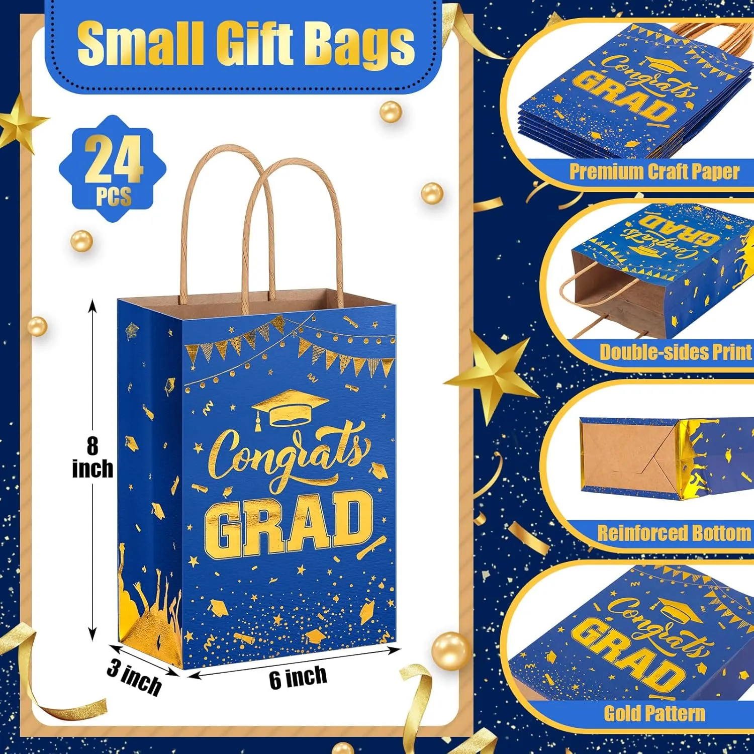 TaoBary 24 Pcs Blue Gold 2025 Graduation Gift Bags Congrats Grad Bags Party Favors with Handles Graduation Treat Paper Gifts for Grad Party Supplies, 8 x 6 x 3 Inches