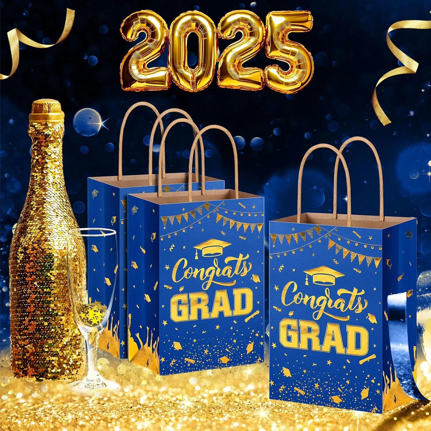 TaoBary 24 Pcs Blue Gold 2025 Graduation Gift Bags Congrats Grad Bags Party Favors with Handles Graduation Treat Paper Gifts for Grad Party Supplies, 8 x 6 x 3 Inches