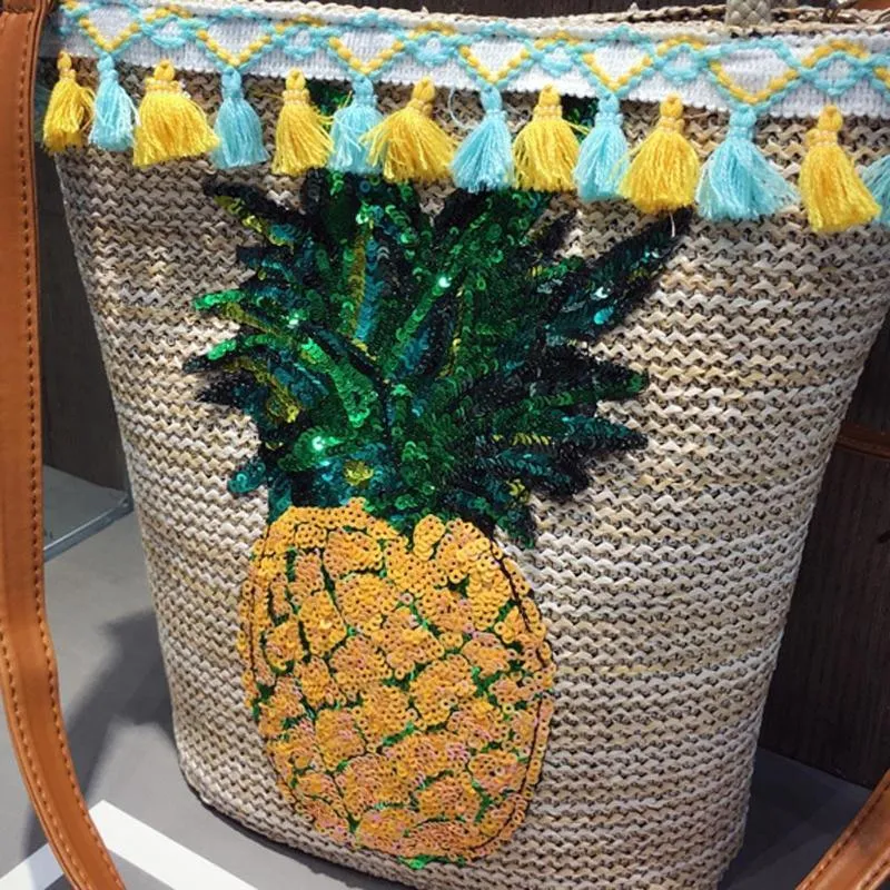Tassel Straw Handbags Women Sequin Pineapple