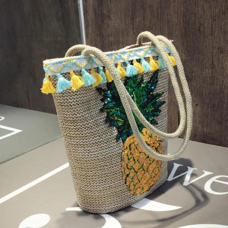 Tassel Straw Handbags Women Sequin Pineapple