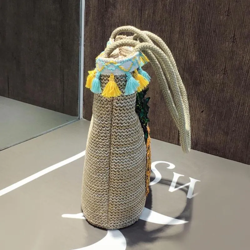 Tassel Straw Handbags Women Sequin Pineapple
