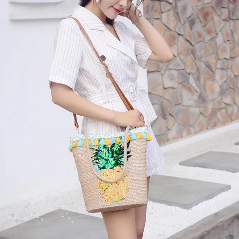 Tassel Straw Handbags Women Sequin Pineapple
