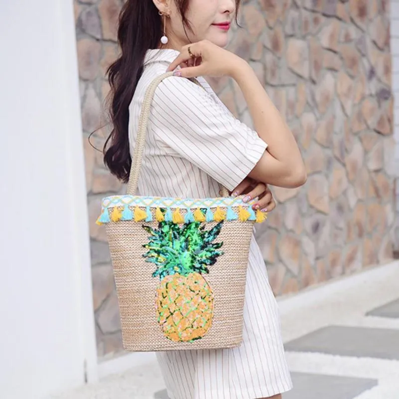 Tassel Straw Handbags Women Sequin Pineapple