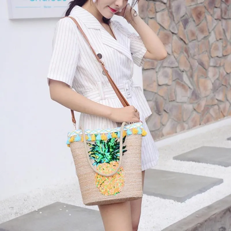 Tassel Straw Handbags Women Sequin Pineapple