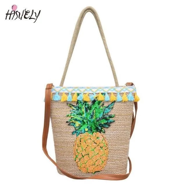 Tassel Straw Handbags Women Sequin Pineapple