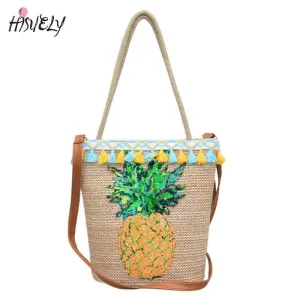 Tassel Straw Handbags Women Sequin Pineapple