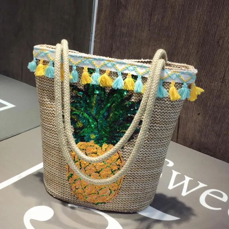 Tassel Straw Handbags Women Sequin Pineapple