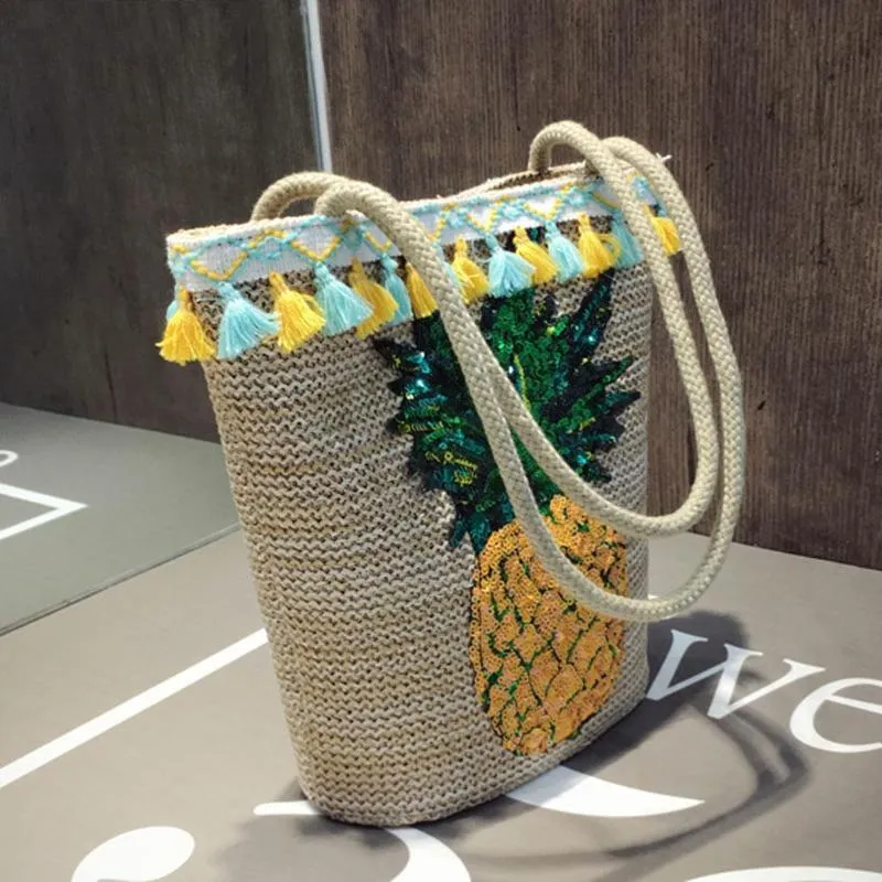 Tassel Straw Handbags Women Sequin Pineapple