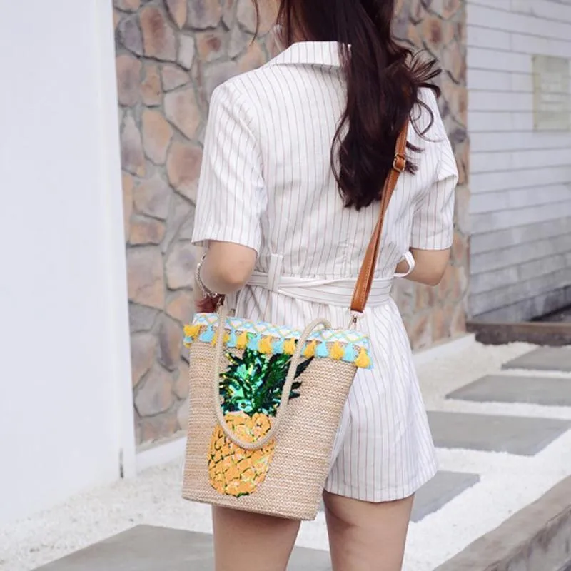 Tassel Straw Handbags Women Sequin Pineapple
