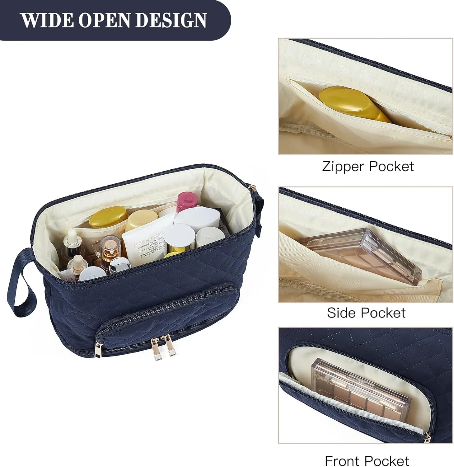 Telena Makeup Bag Large Capacity Travel Cosmetic Bags Double Layer Portable Make Up Bag for Women Navy Blue