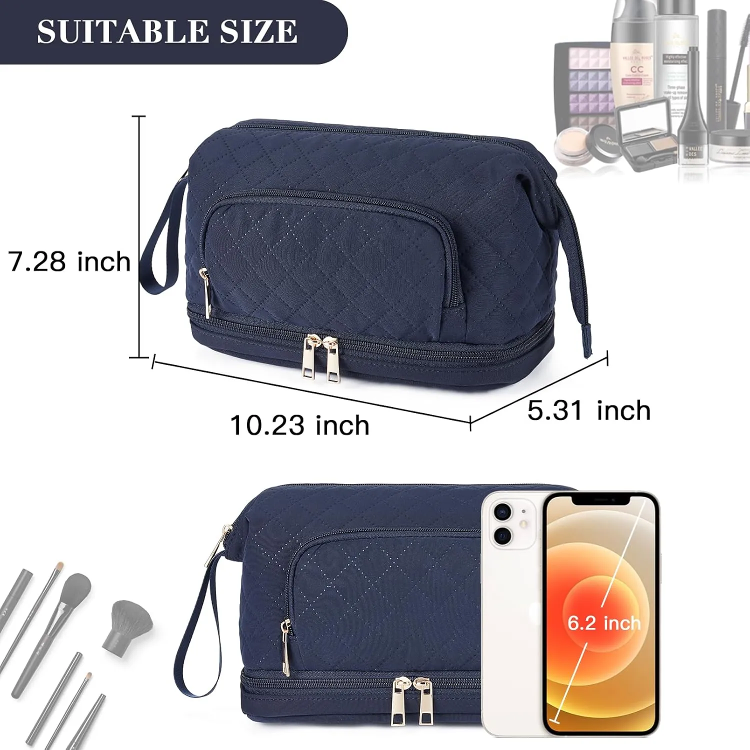 Telena Makeup Bag Large Capacity Travel Cosmetic Bags Double Layer Portable Make Up Bag for Women Navy Blue
