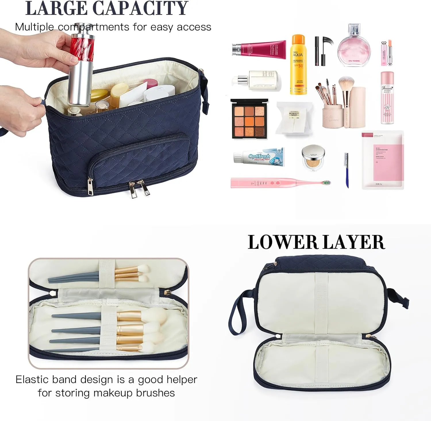 Telena Makeup Bag Large Capacity Travel Cosmetic Bags Double Layer Portable Make Up Bag for Women Navy Blue