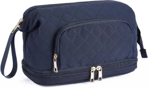 Telena Makeup Bag Large Capacity Travel Cosmetic Bags Double Layer Portable Make Up Bag for Women Navy Blue