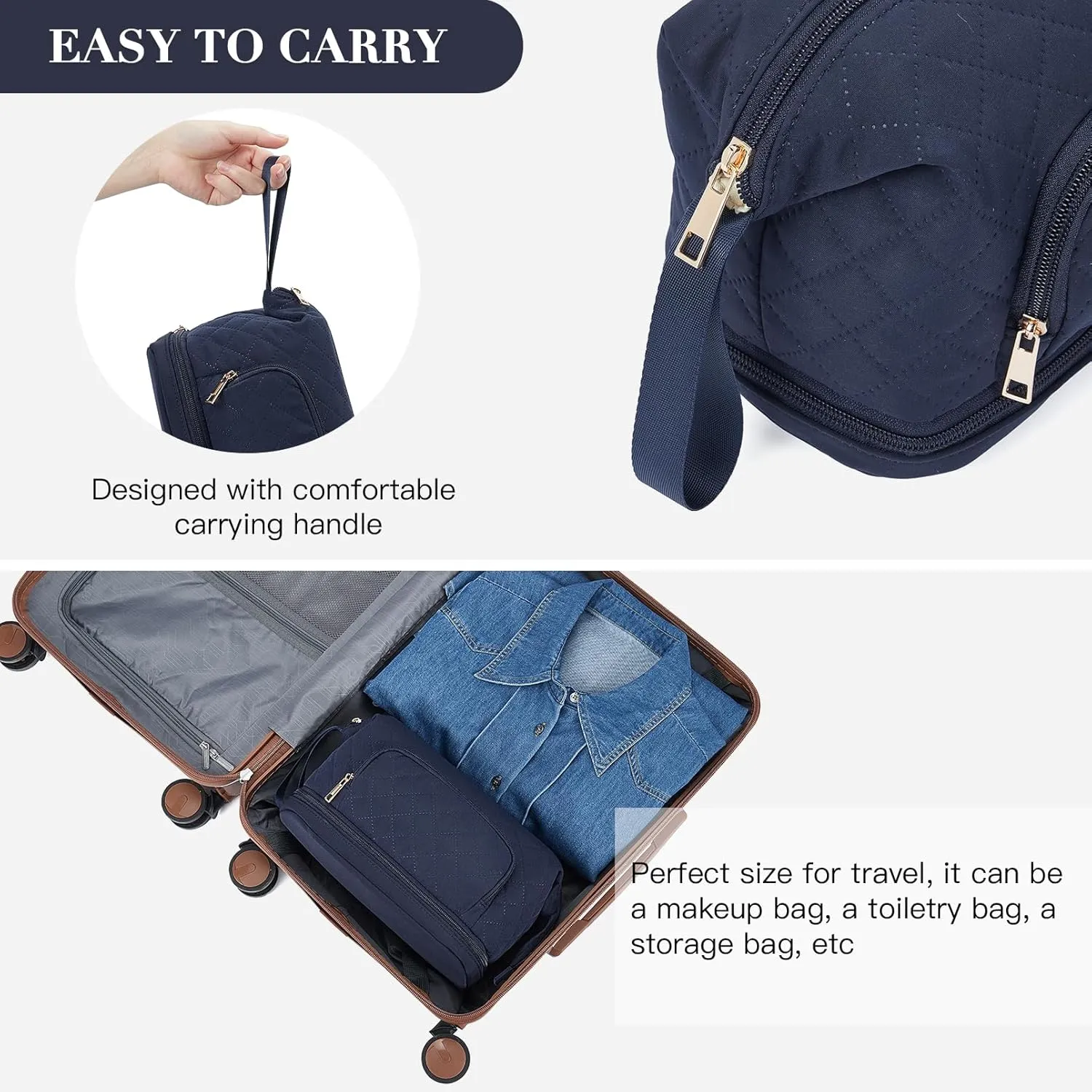 Telena Makeup Bag Large Capacity Travel Cosmetic Bags Double Layer Portable Make Up Bag for Women Navy Blue