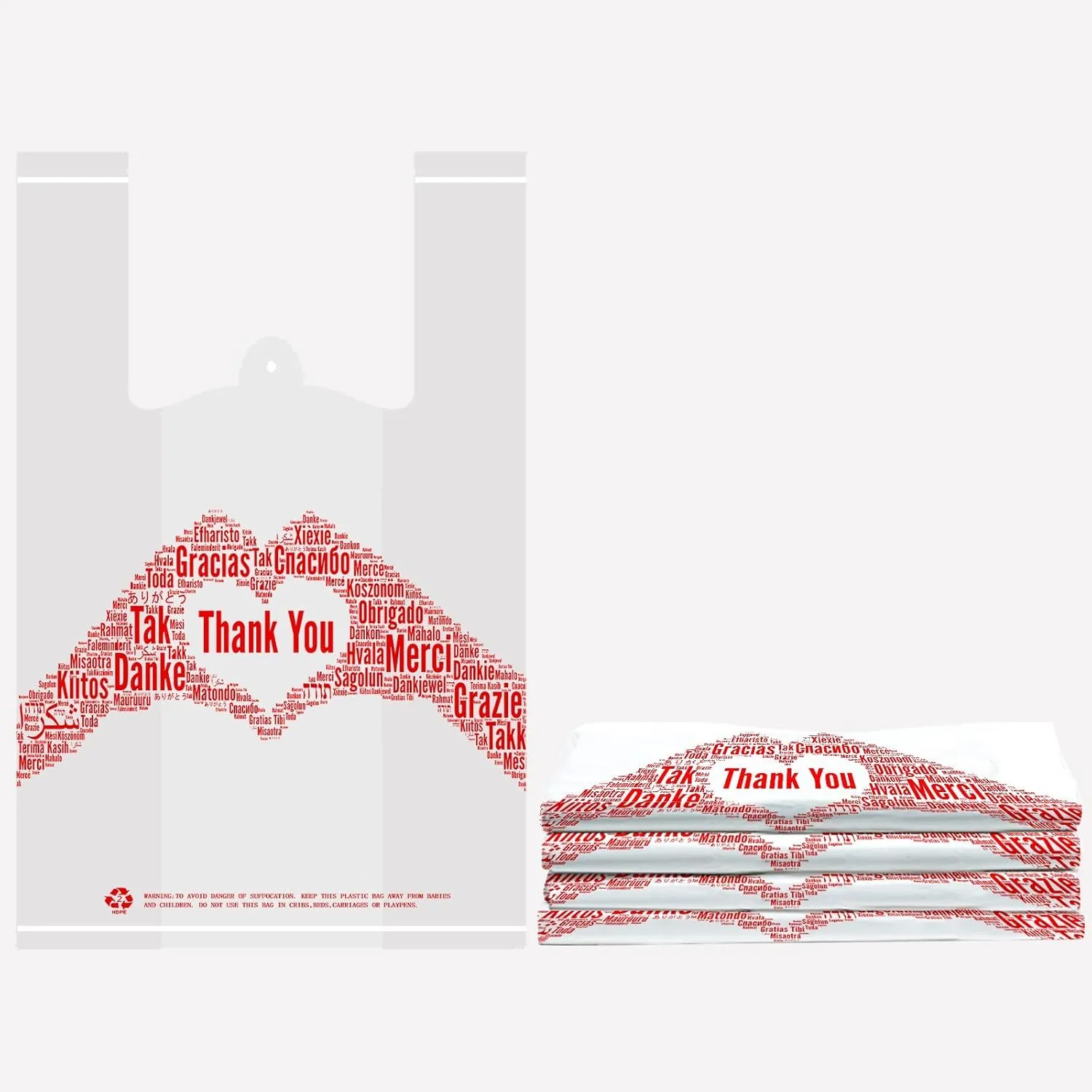 Thank You T-Shirt Merchandise Bags Pack of 200 Reusable and Disposable Grocery Shopping Bags 12" x 6.5" x 20" 30 mic White for Small Business, Take Out / To Go Restaurant