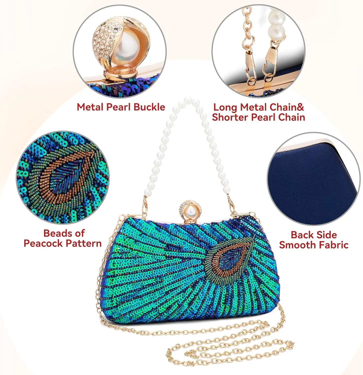 Tmore Beaded Peacock Clutch Purse Pearl Evening Bag Detachable Chain Sparkly Handbags for Wedding Prom Party
