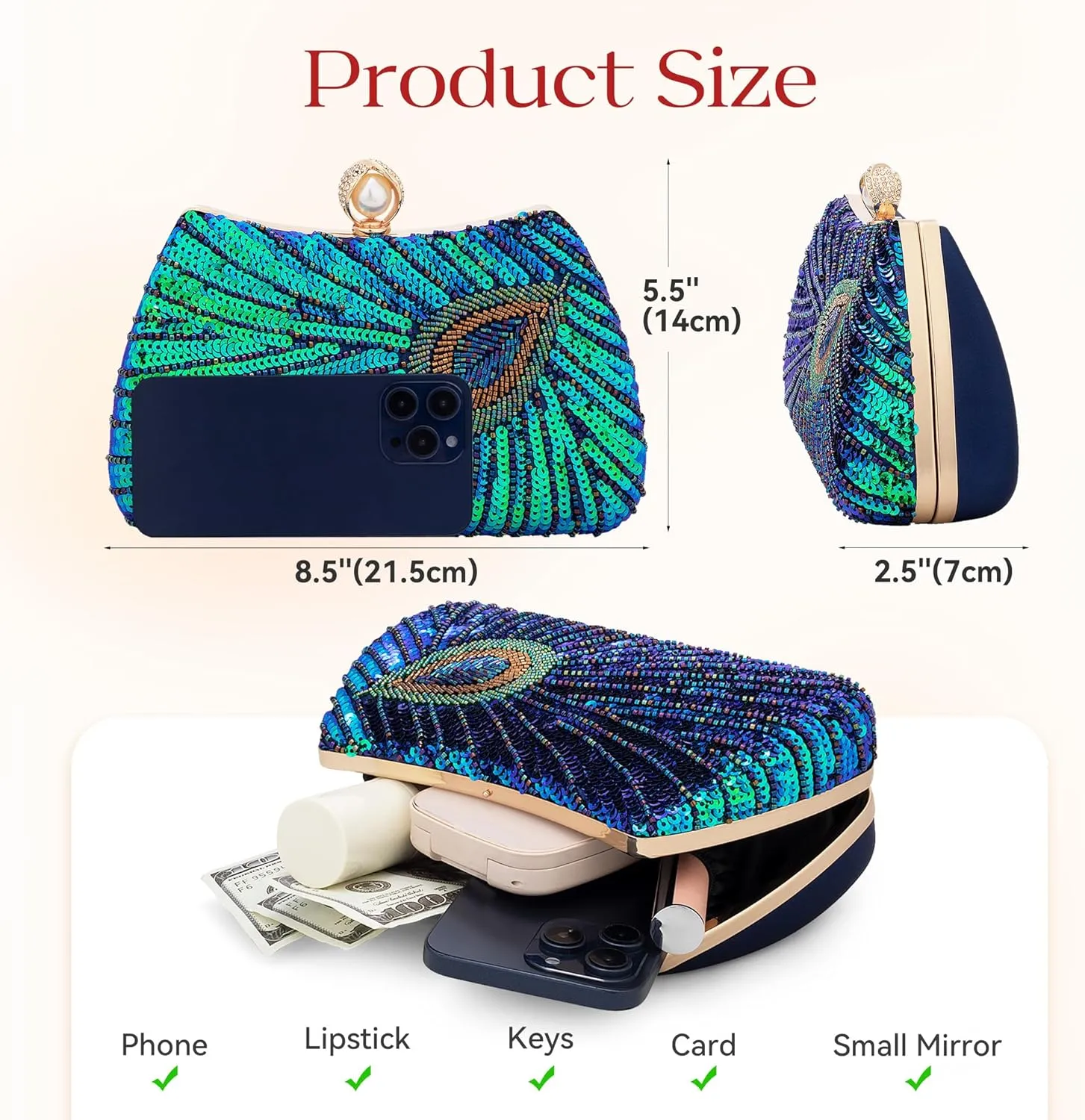 Tmore Beaded Peacock Clutch Purse Pearl Evening Bag Detachable Chain Sparkly Handbags for Wedding Prom Party