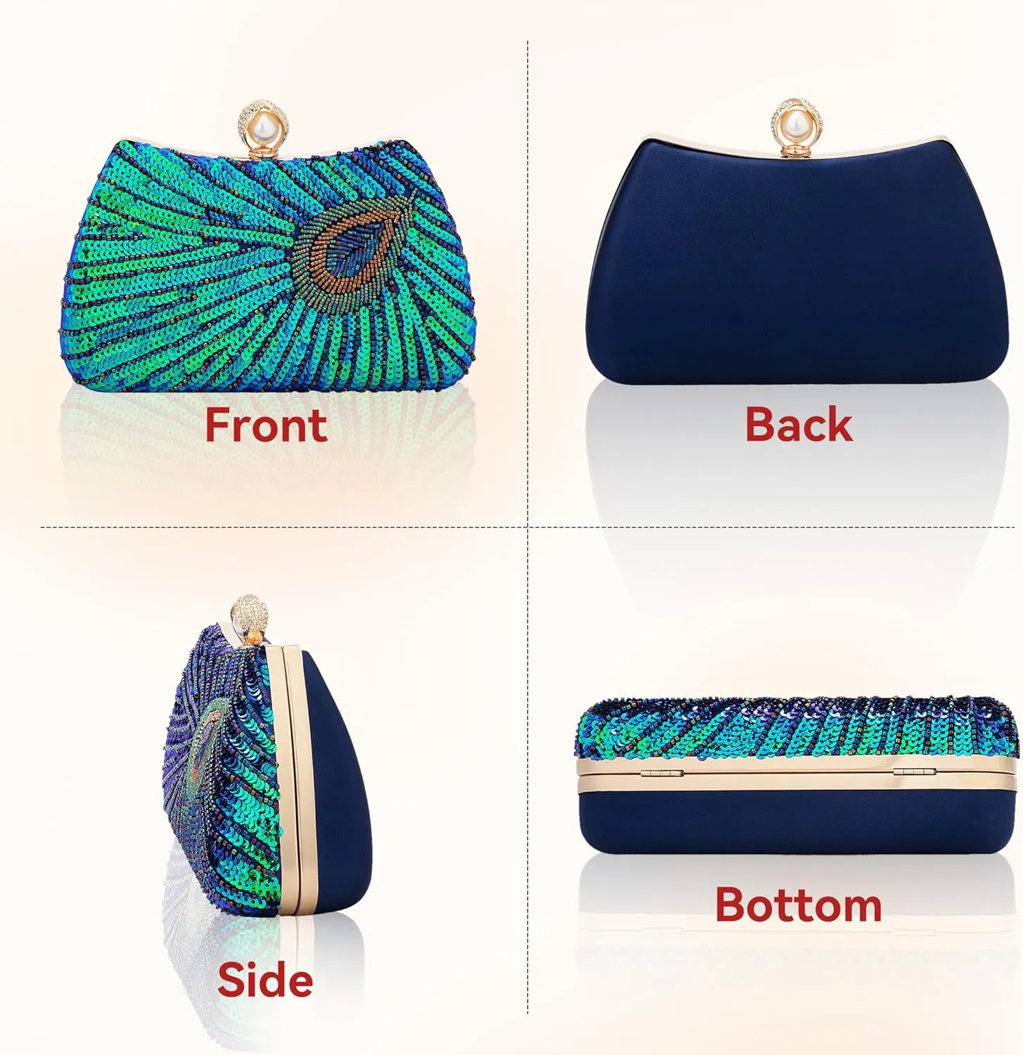 Tmore Beaded Peacock Clutch Purse Pearl Evening Bag Detachable Chain Sparkly Handbags for Wedding Prom Party