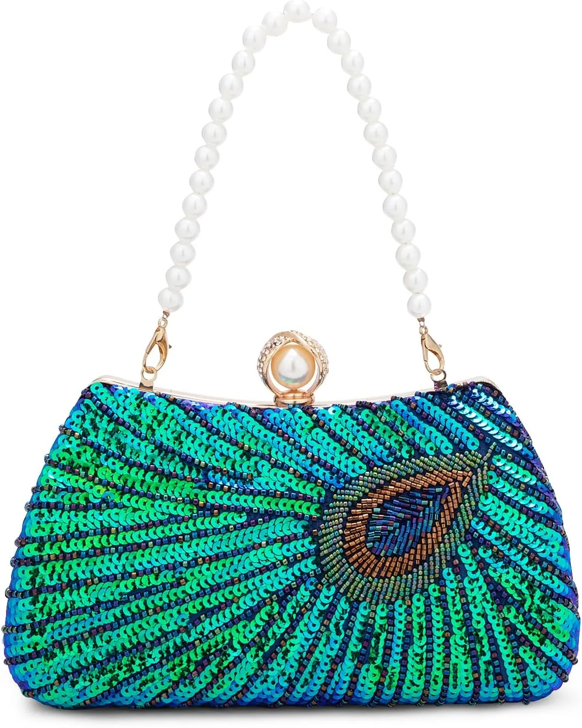Tmore Beaded Peacock Clutch Purse Pearl Evening Bag Detachable Chain Sparkly Handbags for Wedding Prom Party