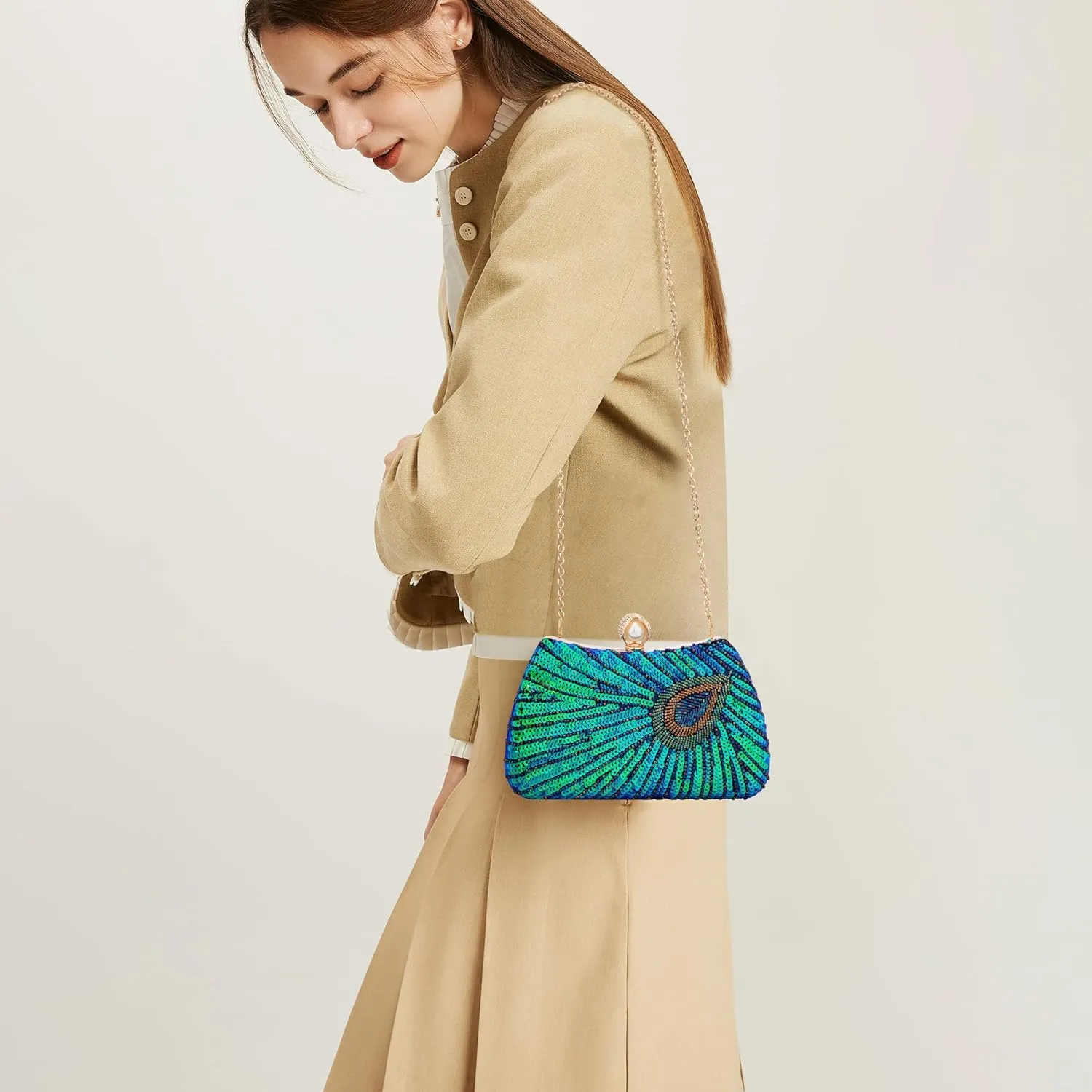 Tmore Beaded Peacock Clutch Purse Pearl Evening Bag Detachable Chain Sparkly Handbags for Wedding Prom Party