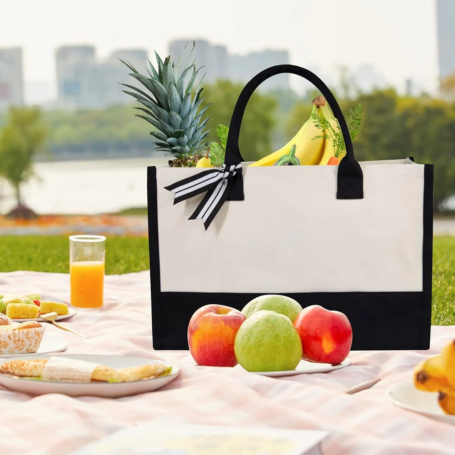 TOPDesign Classic White & Black Cotton Canvas Tote Bag, DIY Your Creativ Designs (Blank)
