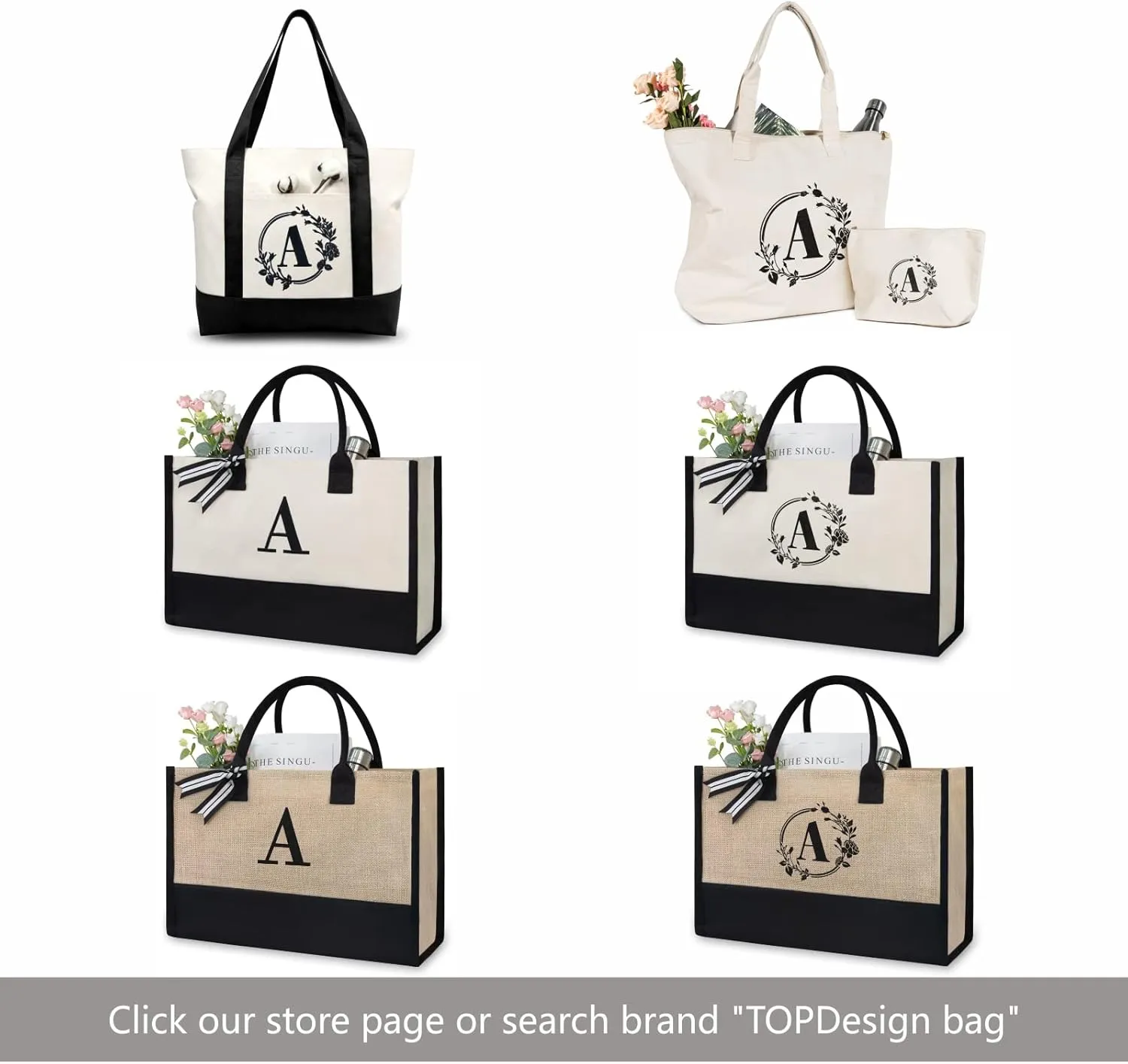 TOPDesign Classic White & Black Cotton Canvas Tote Bag, DIY Your Creativ Designs (Blank)