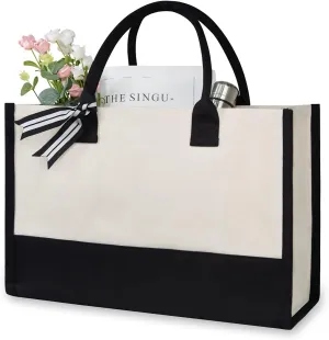 TOPDesign Classic White & Black Cotton Canvas Tote Bag, DIY Your Creativ Designs (Blank)