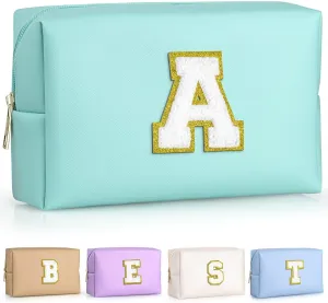 TOPEAST Preppy Makeup Bag, Personalized Initial Bags with Zipper, Cute Makeup Pouch, PU Leather Waterproof Cosmetic Bag, Birthday Gift for Daughter, Preppy Things for Girls (Blue A)