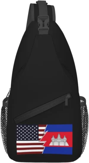 Torn Style Us And Cambodia Flags Crossbody Bags For Women Men Chest Backpack Gym Shoulder Bag Travel Outdoor Sports Casual Crossbody Bags
