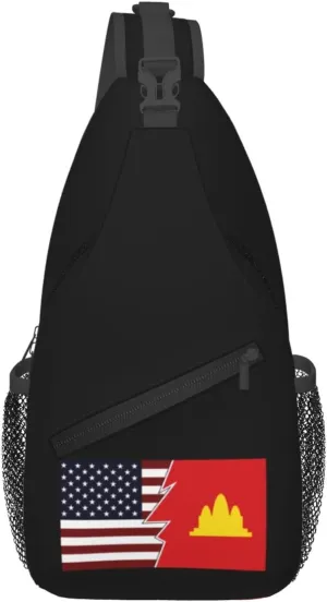 Torn Style Us And Democratic Kampuchea Flags Crossbody Bags For Women Men Chest Backpack Gym Shoulder Bag Travel Outdoor Sports Casual Crossbody Bags