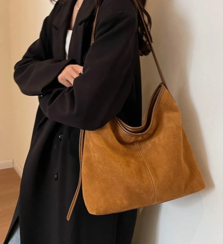 Tote Bag for Women Suede Classic Top-handle Shoulder Bags Slouchy Hobo Crossbody Bag Retro College Work Purse Handbag
