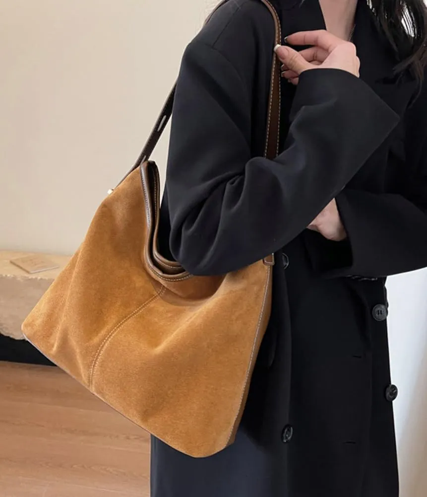 Tote Bag for Women Suede Classic Top-handle Shoulder Bags Slouchy Hobo Crossbody Bag Retro College Work Purse Handbag