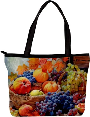 Tote Bags for Women,Womens Handbags,Small Tote Bag,Autumn Harvest Grapes Pumpkin