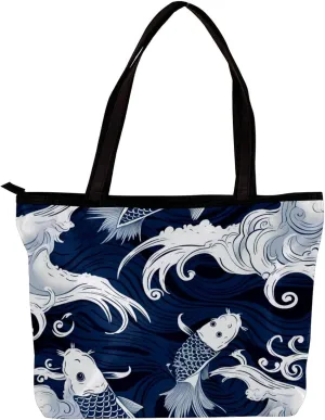 Tote Bags for Women,Womens Handbags,Small Tote Bag,Blue Fish Luck Koi