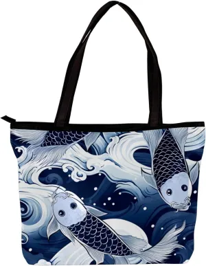 Tote Bags for Women,Womens Handbags,Small Tote Bag,Blue Fish Luck Koi