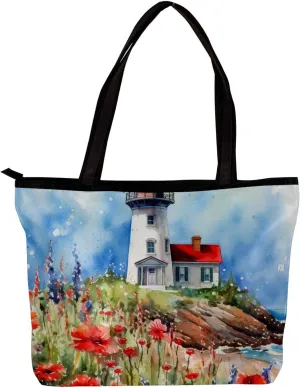 Tote Bags for Women,Womens Handbags,Small Tote Bag,Flower Bush Summer Lighthouse