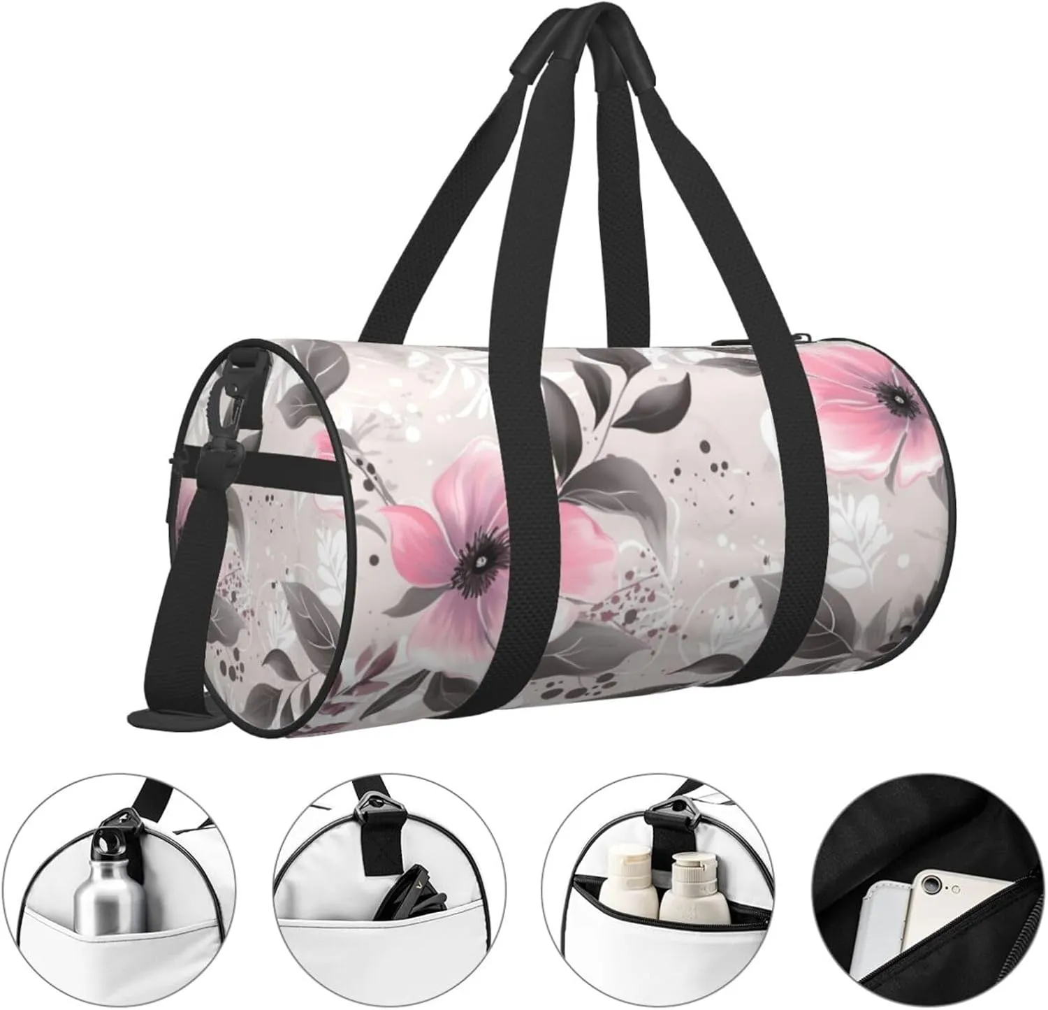 Travel Duffle Bag Weekender Bags For Men Women With Shoe Compartment Large Capacity Weekender Overnight Bag Flowers And Leaves On Gray Carry On Tote Bags Sport Gym Bag For Travel Yoga