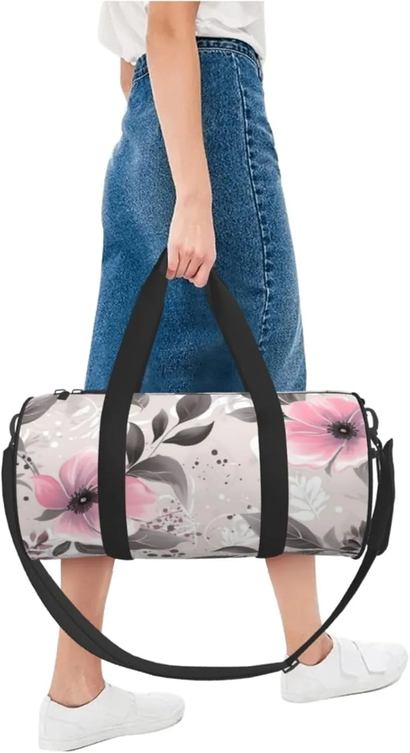 Travel Duffle Bag Weekender Bags For Men Women With Shoe Compartment Large Capacity Weekender Overnight Bag Flowers And Leaves On Gray Carry On Tote Bags Sport Gym Bag For Travel Yoga
