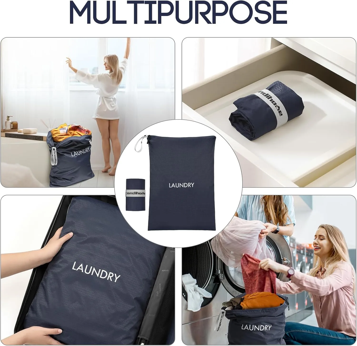 Travel Laundry Bag, Washable Dirty Clothes Travel Bag Waterproof Wet Dry Bags Reusable Camp Clothes Organizer for Sports Home College Dorm Laundromat (1 Pcs X-Large) Navy Blue