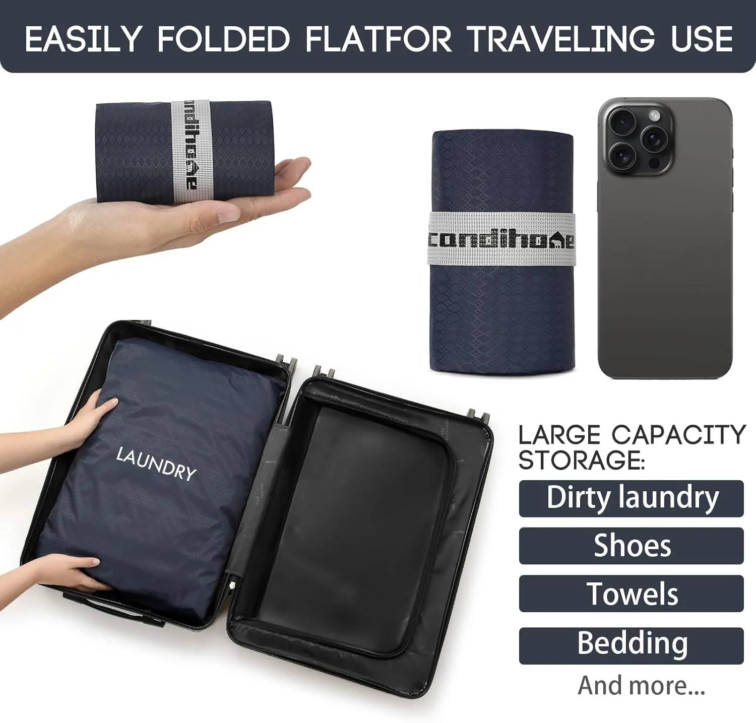 Travel Laundry Bag, Washable Dirty Clothes Travel Bag Waterproof Wet Dry Bags Reusable Camp Clothes Organizer for Sports Home College Dorm Laundromat (1 Pcs X-Large) Navy Blue