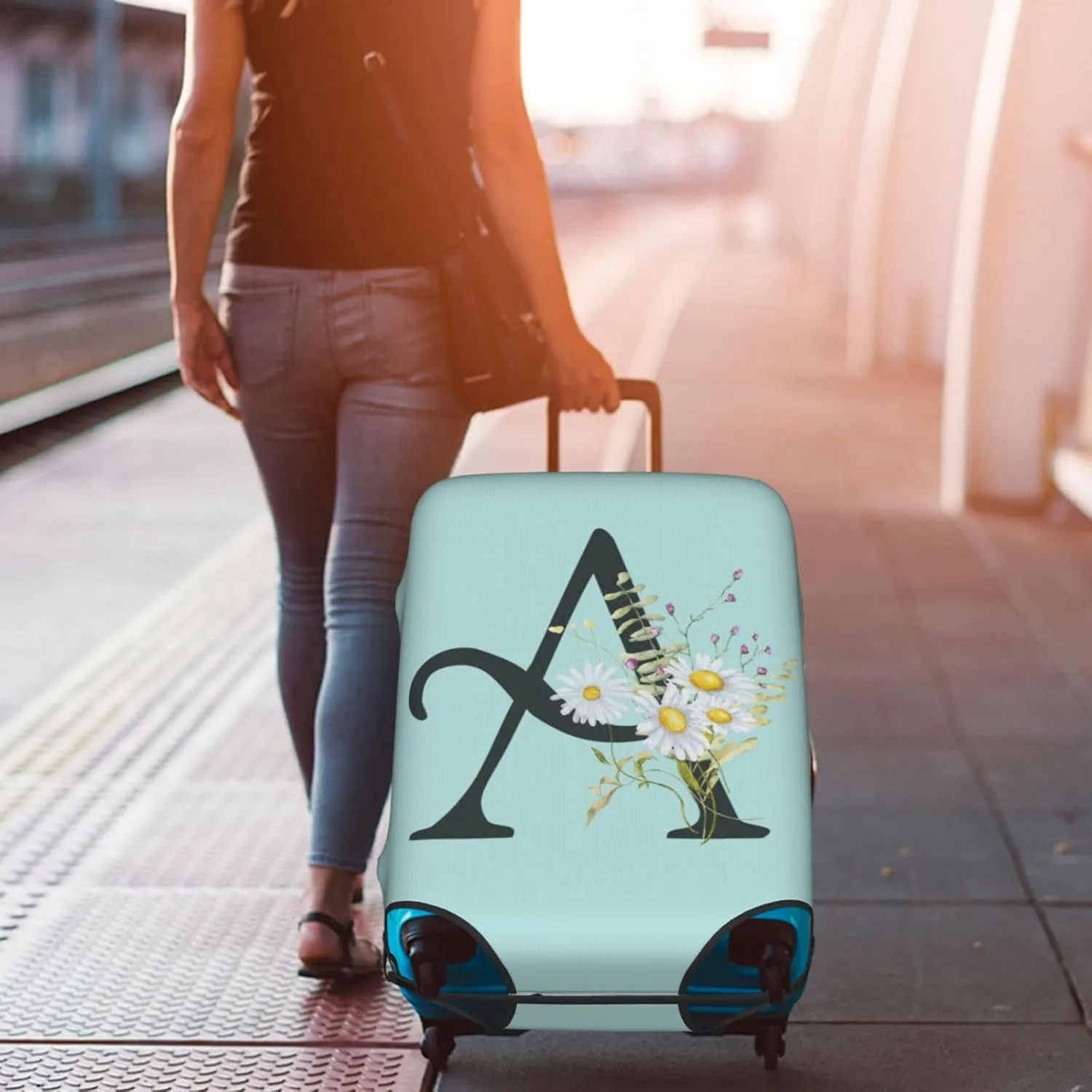 Travel Luggage Cover Elastic Blue Suitcase Protector Bag,Black Letter A Boho Floral Daisy Flowers Leaves Dust-Proof Washable Baggage Covers For Wheeled Suitcase Kid Adult,Xl (For 29-32 Inch Luggage)
