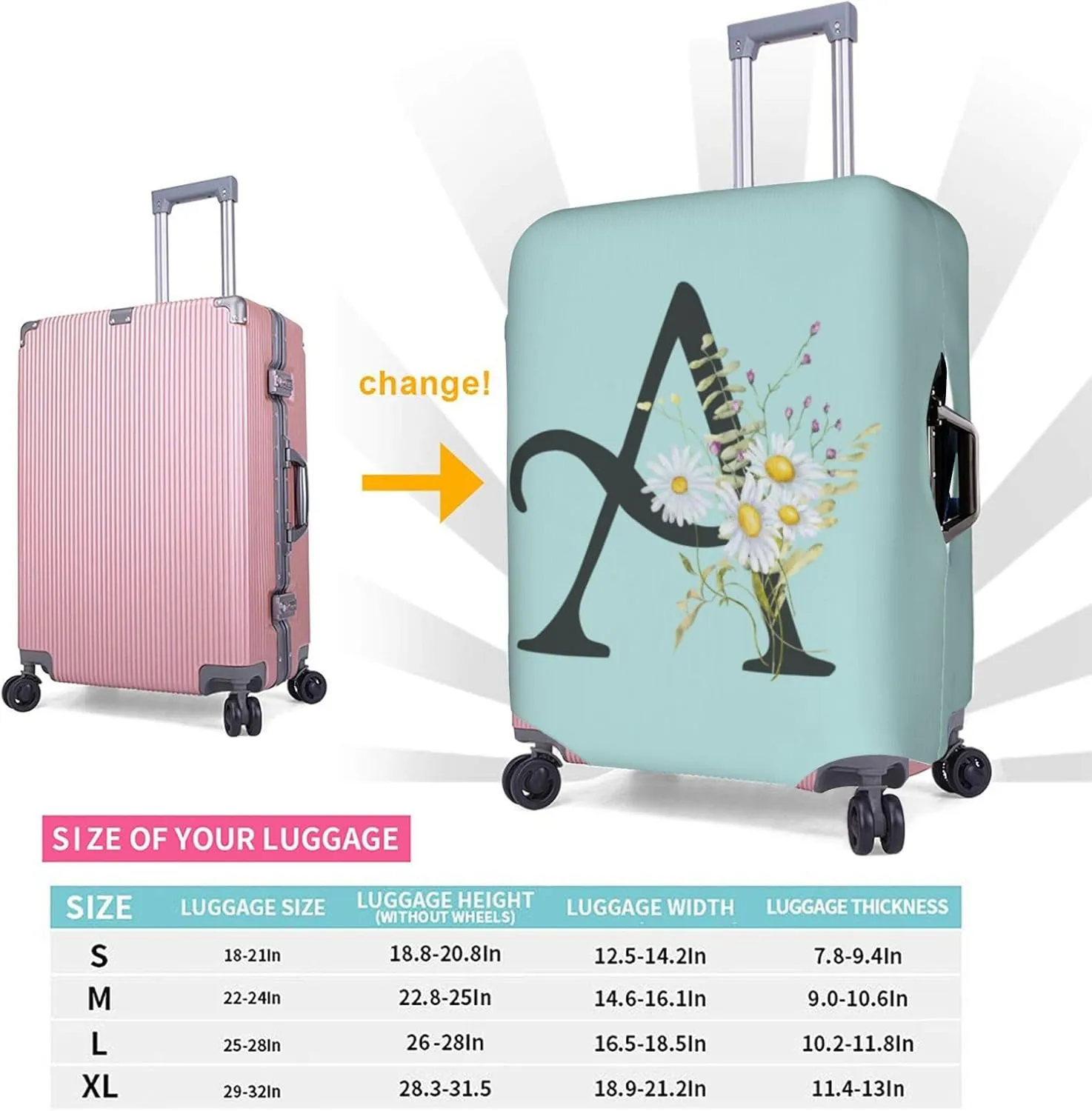 Travel Luggage Cover Elastic Blue Suitcase Protector Bag,Black Letter A Boho Floral Daisy Flowers Leaves Dust-Proof Washable Baggage Covers For Wheeled Suitcase Kid Adult,Xl (For 29-32 Inch Luggage)